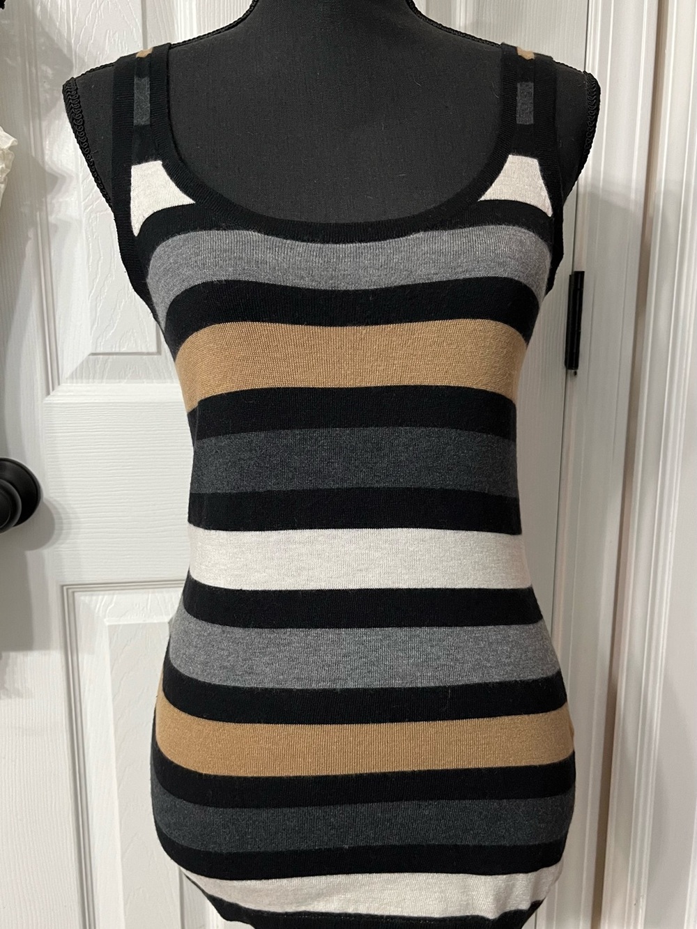 Express Sleeveless Striped Tank in Black, Gray, White & Tan